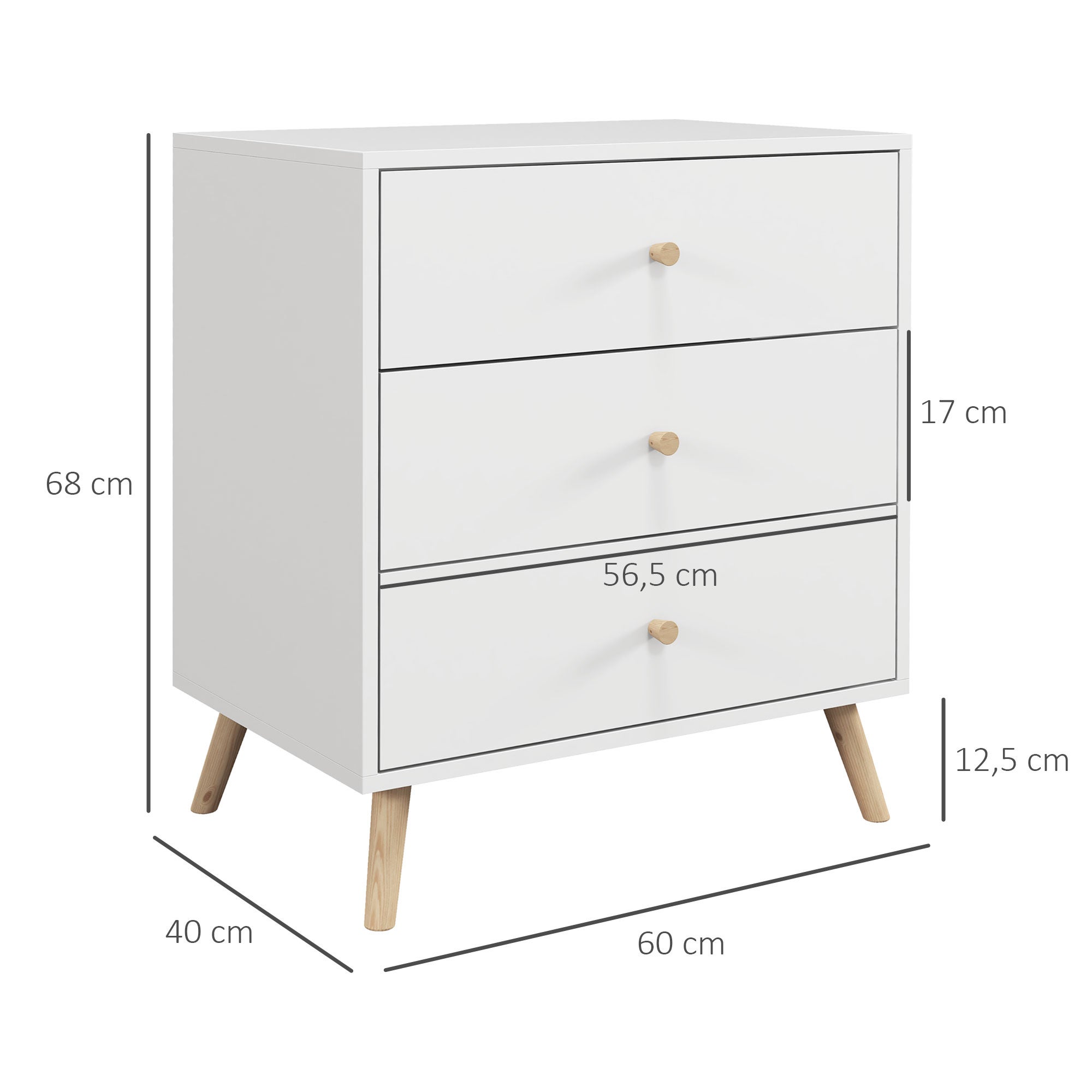 Commode 3 tiroirs Design scandinave Meuble de Rangement Chambre MDF Blanc poignée piètement effilé Bois Massif de pin - 5