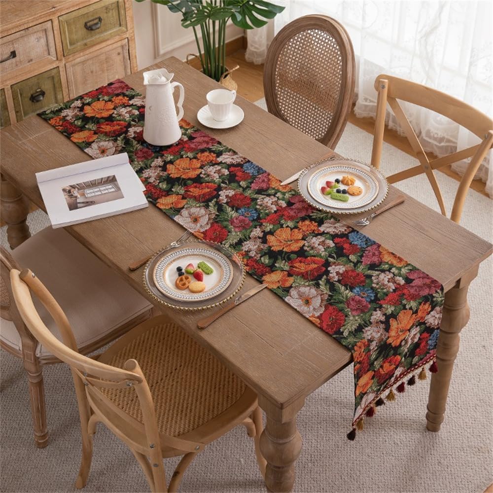 Bieżnik żakardowy – kolorowy wzór kwiatowy – żywy, akwarelowy wzór vintage – z frędzlami – na stół jadalny – 33 x 180 cm