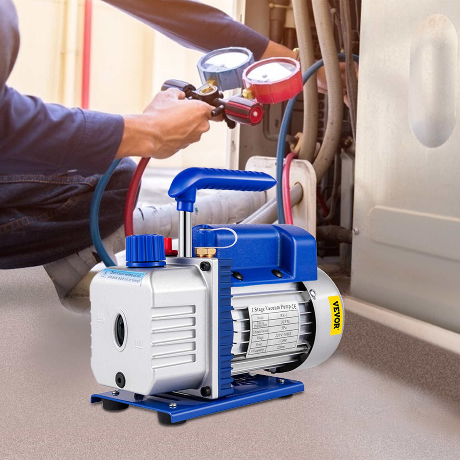 Pompa per vuoto 30V/50HZ, pompa per vuoto per refrigerazione 3CFM 1/4HP, 85L/min per Aria condizionata Pompa per vuoto ad aria elettrica per aut VEVOR - 8