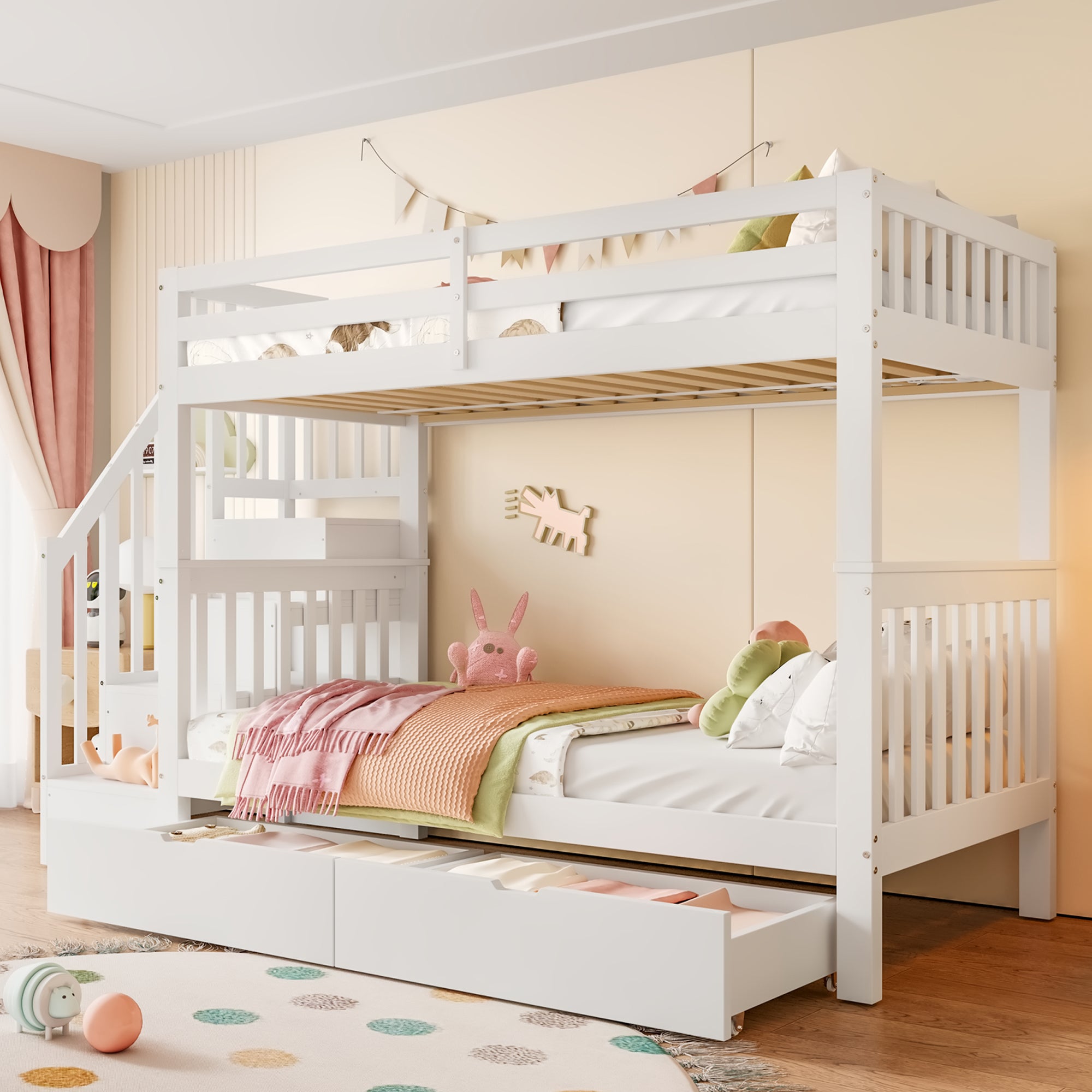 Lit superposé 90 x 200 cm, étagère escalier, équipé de deux tiroirs, garde-corps hauts, blanc - 2