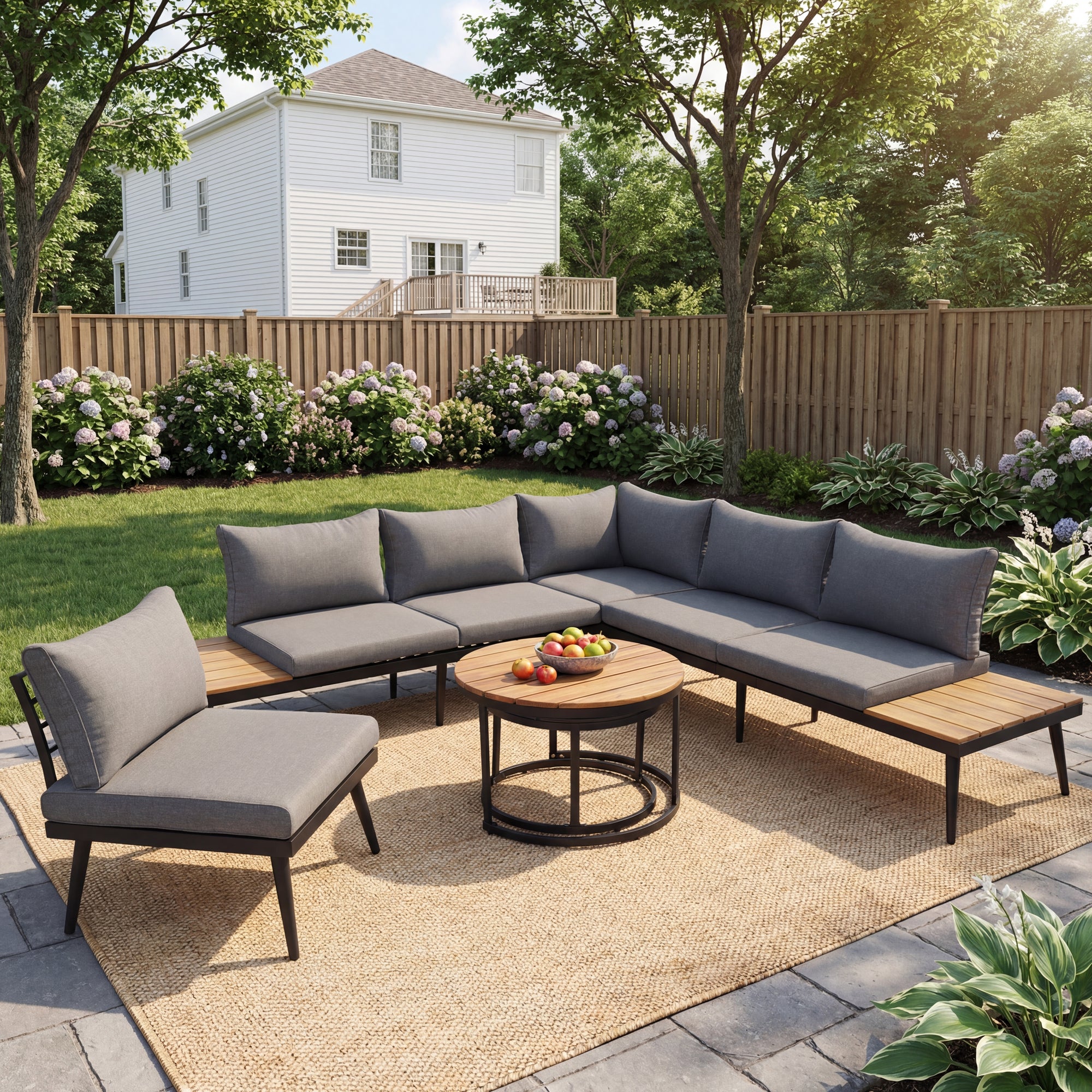Conjunto de muebles de jardín modulares de 6 plazas - 2 sofás + 2 sillas + mesas de centro nido - gris antiguo + marrón - 3