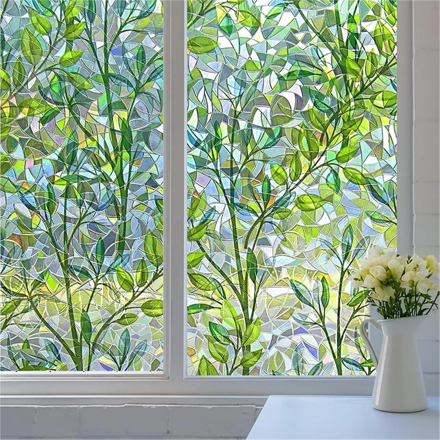 Folia okienna zapewniająca prywatność - Efekt tęczy - Wzór liścia - Folia okienna bez kleju, z przyczepnością statyczną - 40 x 200 cm