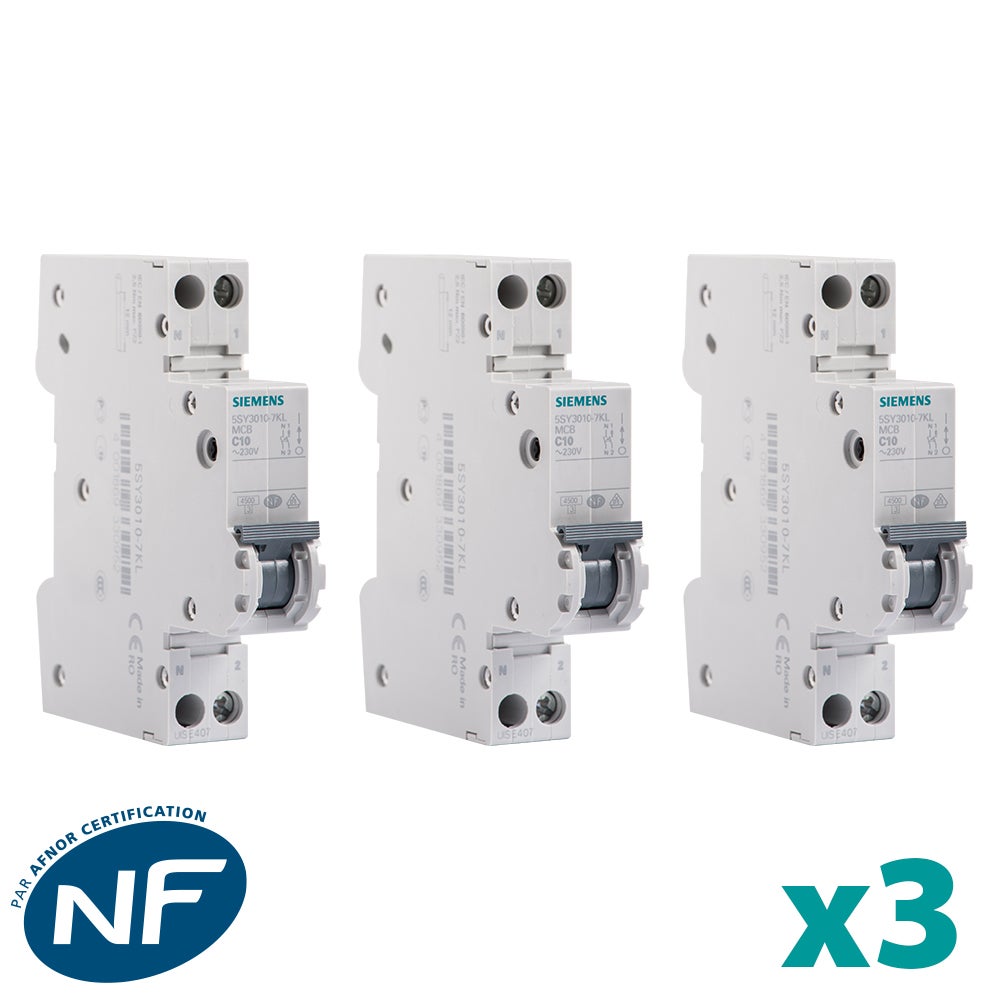 LOT 3 disjoncteurs Siemens, 10A, courbe C, 4,5 kA, AC/DC, norme NF EN 60898, garantie 2 ans - 2