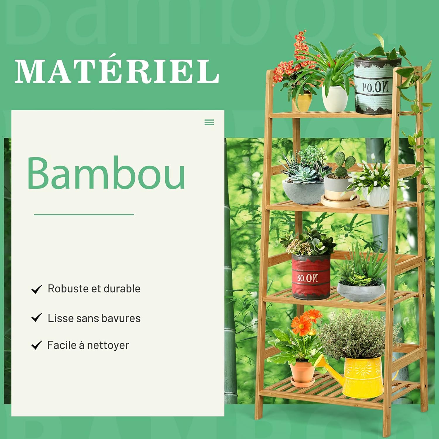 Étagère de Rangement à 4 Niveaux, Bibliothèque Rustique à Structure Solide en Bambou, Support de Plantes Multifonctionnel pour Séjour, Bureau - 4