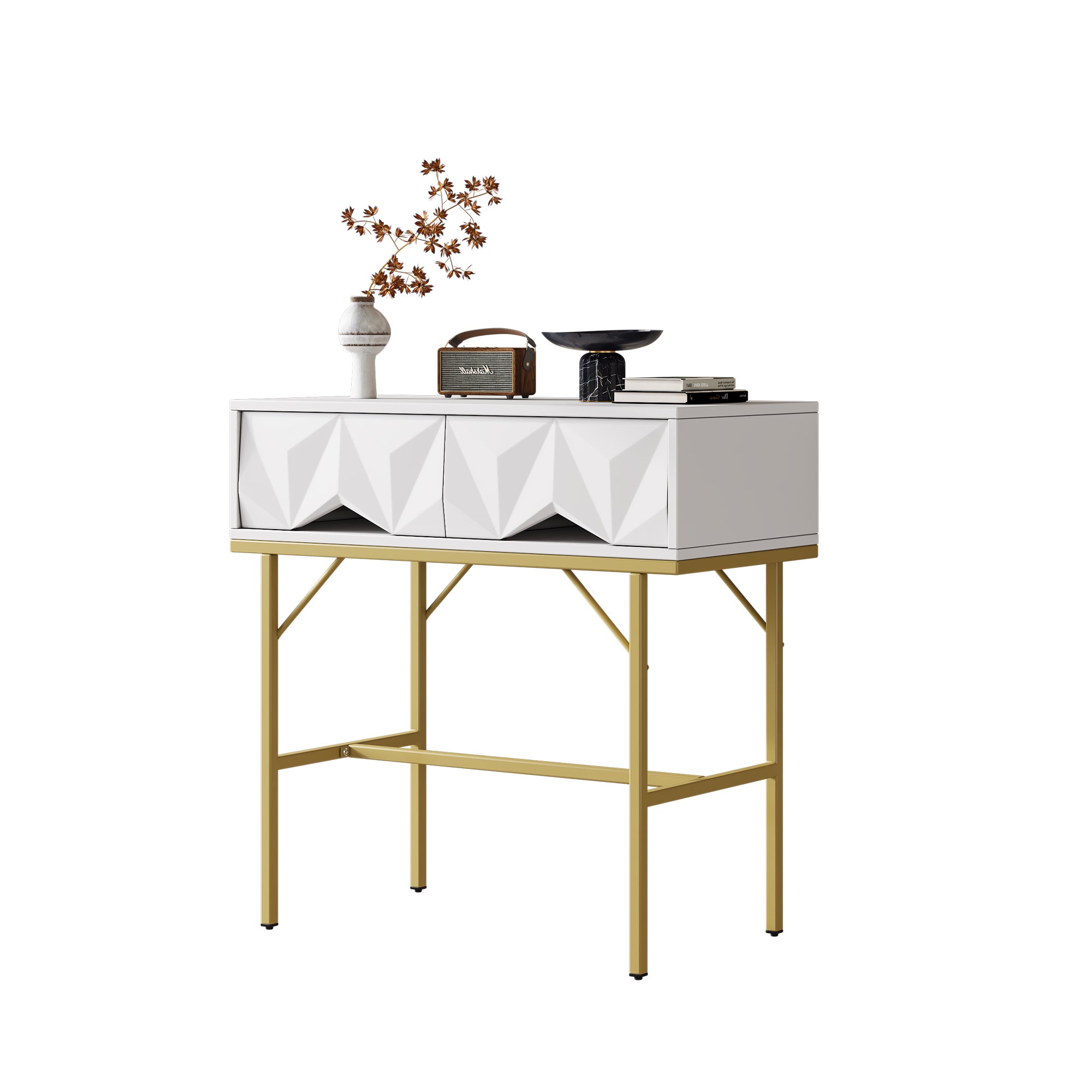 Table console moderne avec 2 tiroirs - 80 x 40 x 80 cm - MDF - pour salon, couloir - blanc + or - 4