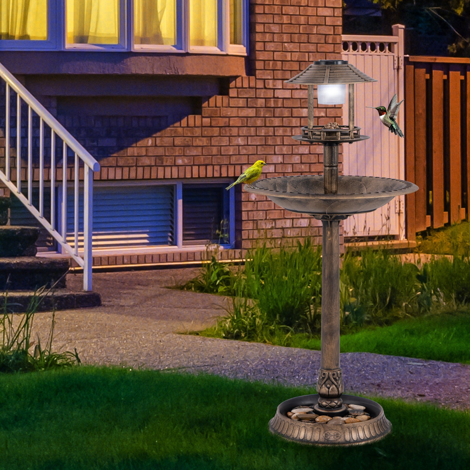 Banheira para pássaros 3 em 1 com energia solar, decoração exterior com suporte retroiluminado com lâmpada, bebedouro leve para pássaros para jardim, - 3