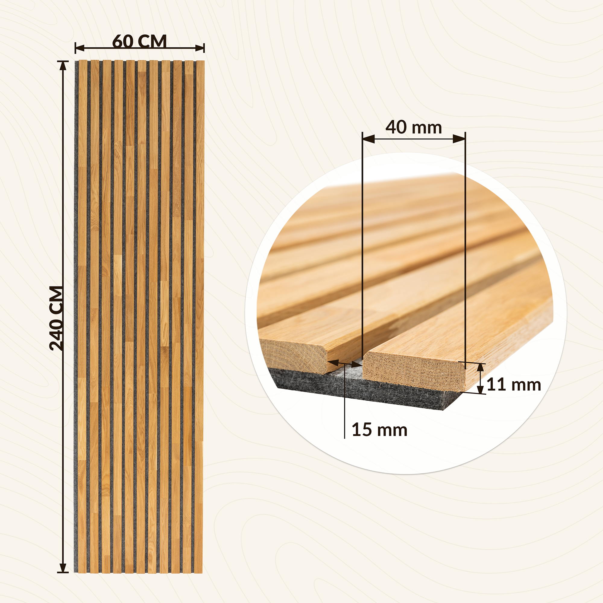 Lot de 2 Panneau Tasseau Acoustique en Bois - Chêne Naturel - 2400x600mm - Lattes 40mm, Support en Feutre Gris - 2