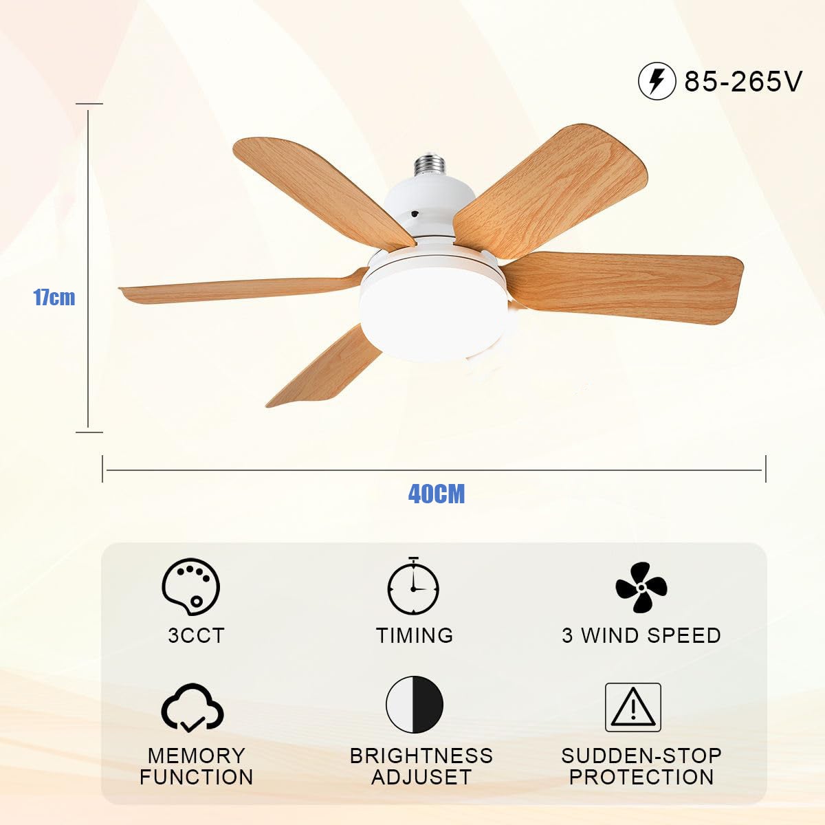 Ventilateur de plafond 30 W avec source lumineuse et télécommande, trois températures de couleur, trois vitesses de vent, minuterie,pour salon,cuisine - 4