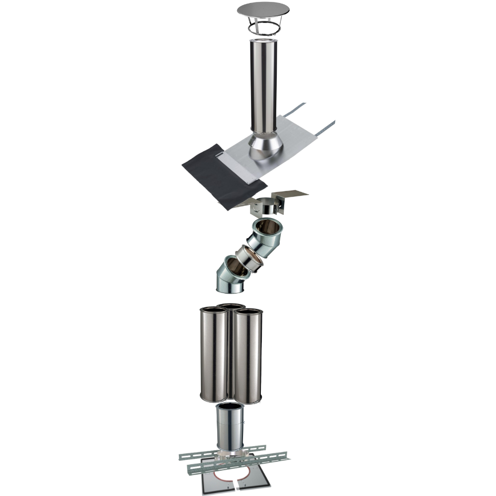 Kit conduit isolé sortie toiture avec dévoiement Inox-Galva et Inox-Inox Ø150 Poujoulat - Déport 28 cm / Longueur 547 cm - 2