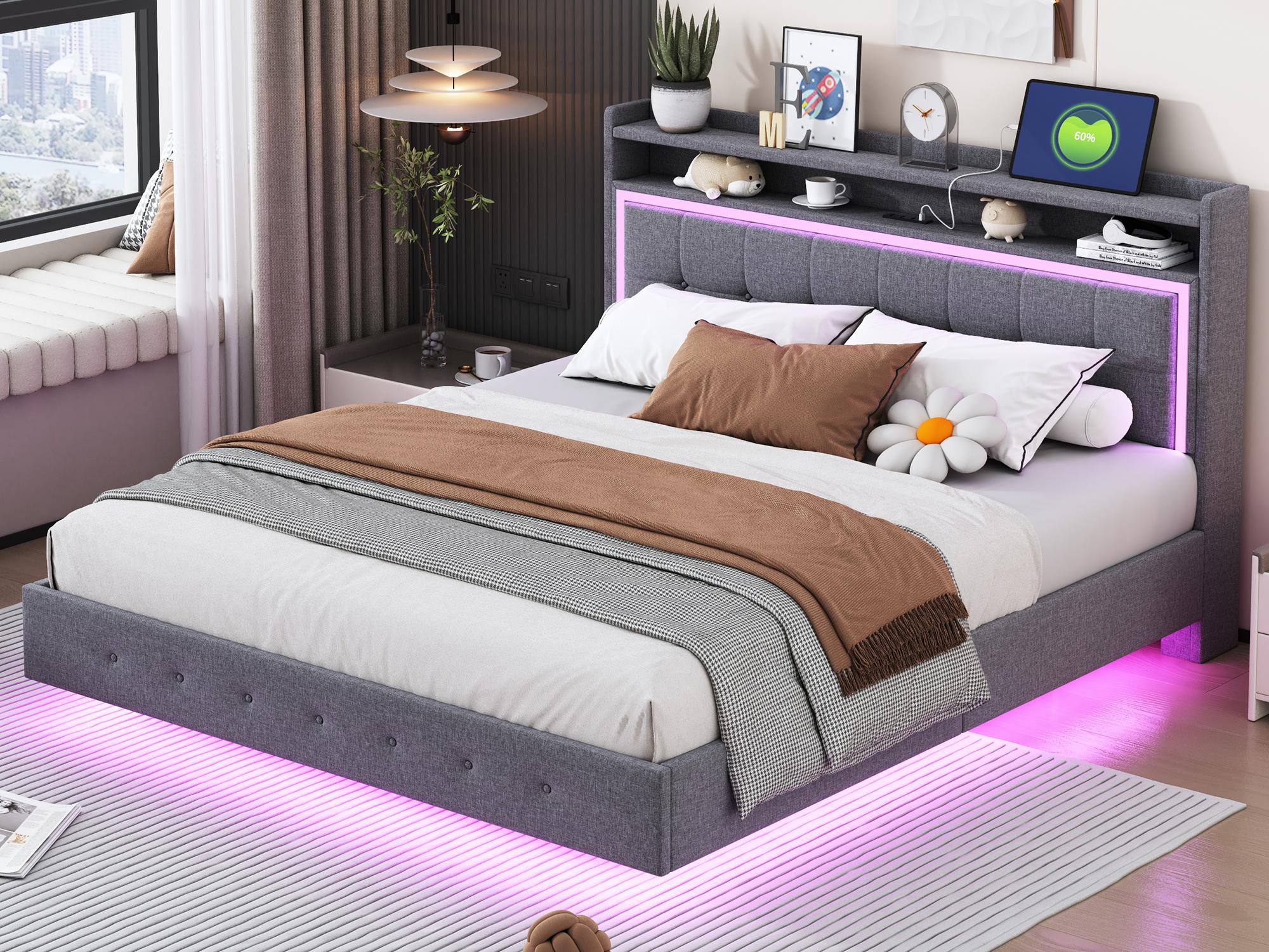 Łóżko tapicerowane 160x200cm w tkaninie lnianej - z wtyczką USB i diodą LED - Szare