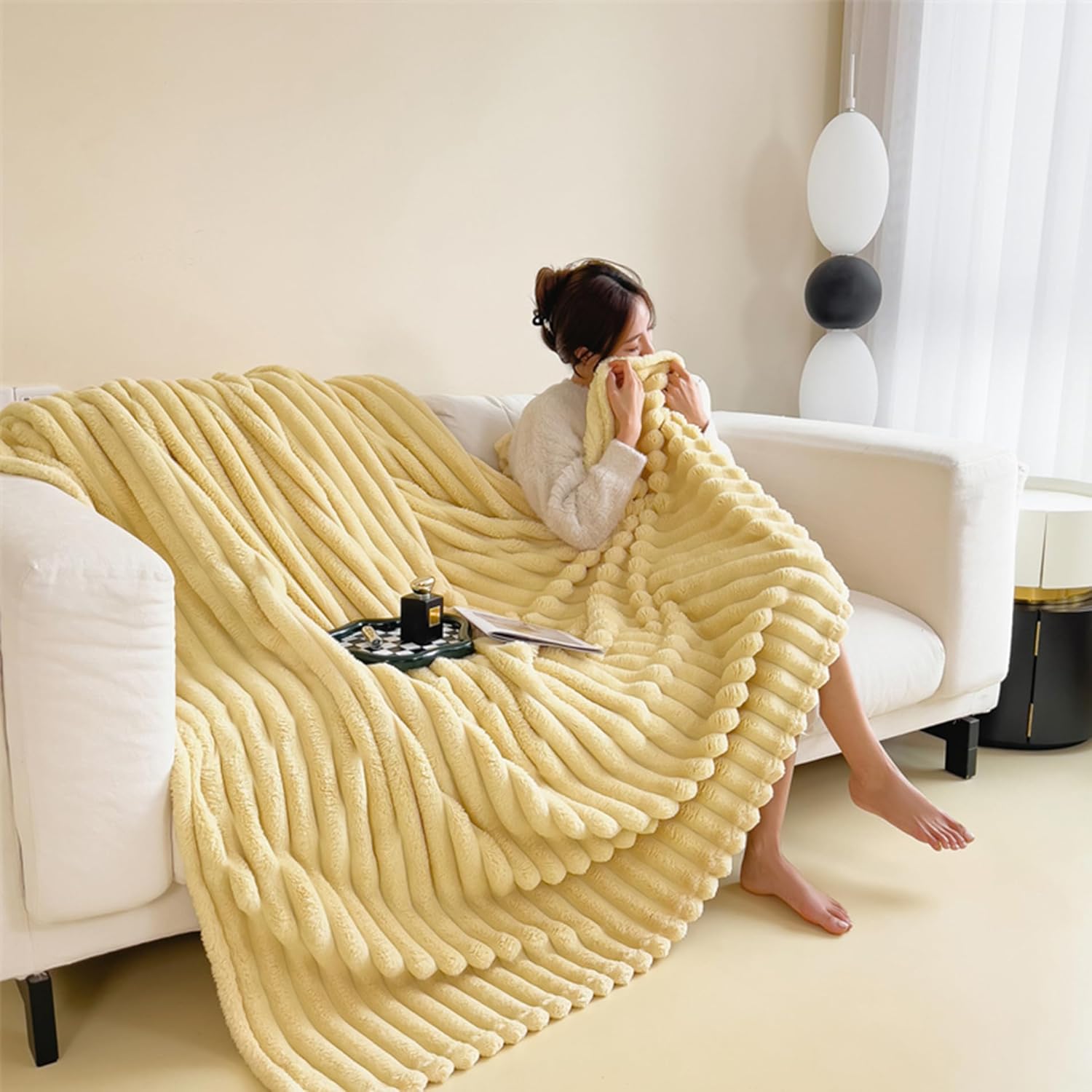 Couverture en laine, plaid, jeté de canapé, doux et confortable, poils longs, hiver - jaune - 120 x 200 cm - 2