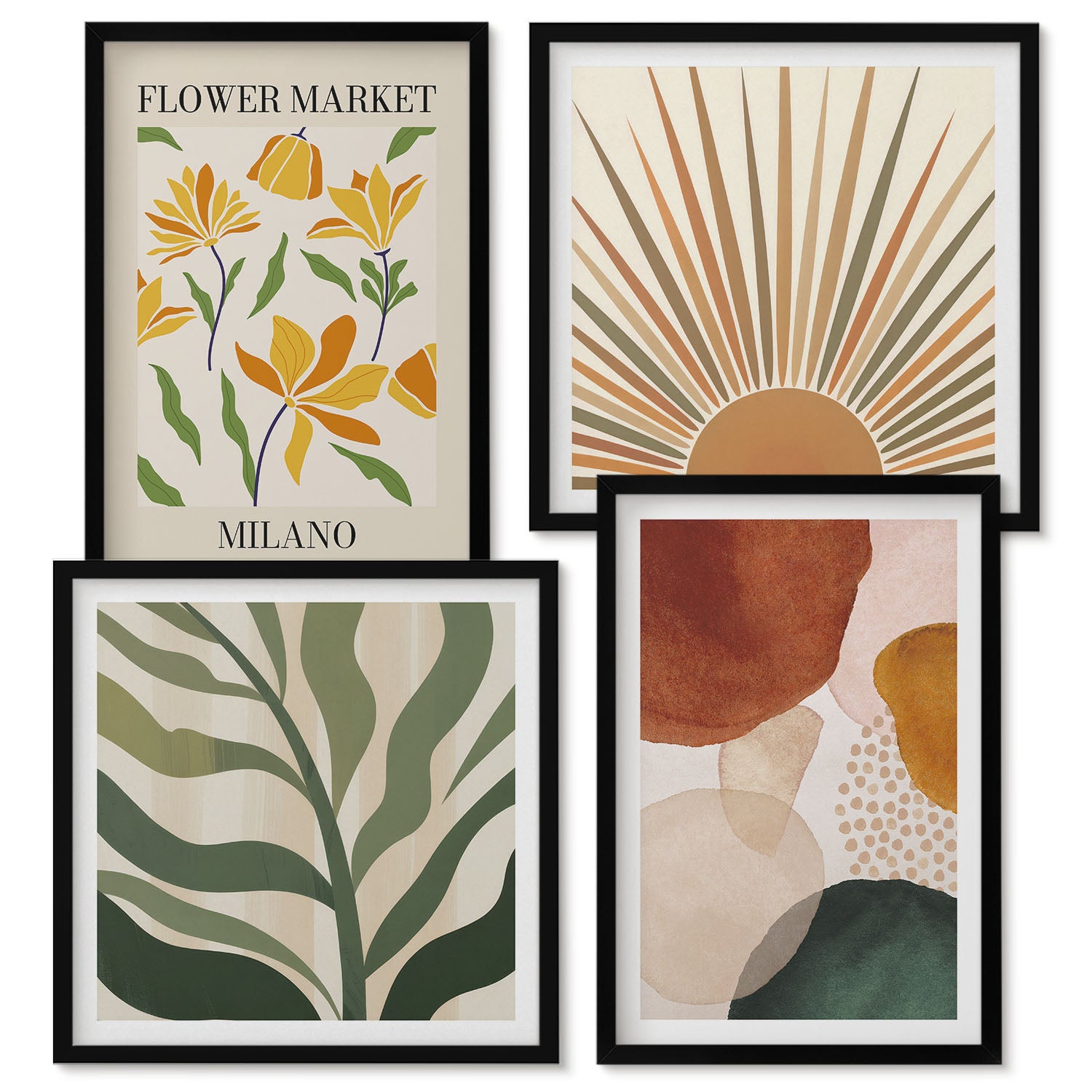 Ensemble de 4 tableaux encadrés | Motifs floraux aux formes abstraites ...