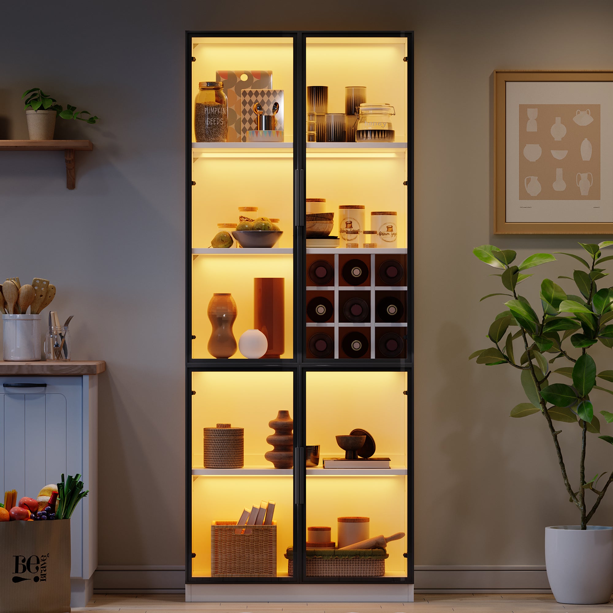 Witryna 80x35x200 cm - z oświetleniem LED - z miejscem na wino - 2 drzwi szklane - biała