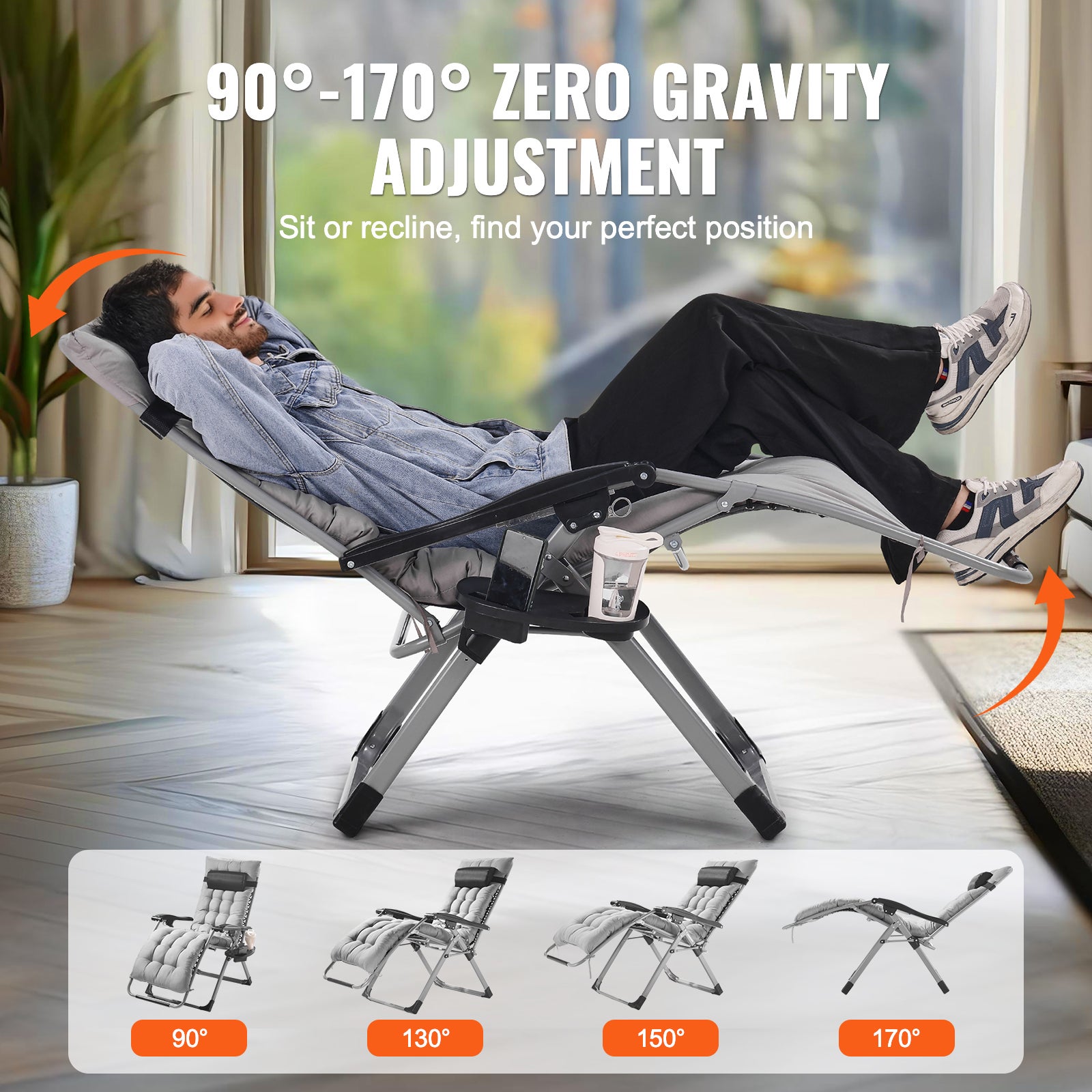 Fauteuil inclinable Zero Gravity,VEVOR 645 mm,inclinable,réglable,avec coussin de siège,appui-tête,repose-pieds,porte-gobelet,500 lb,gris - 3