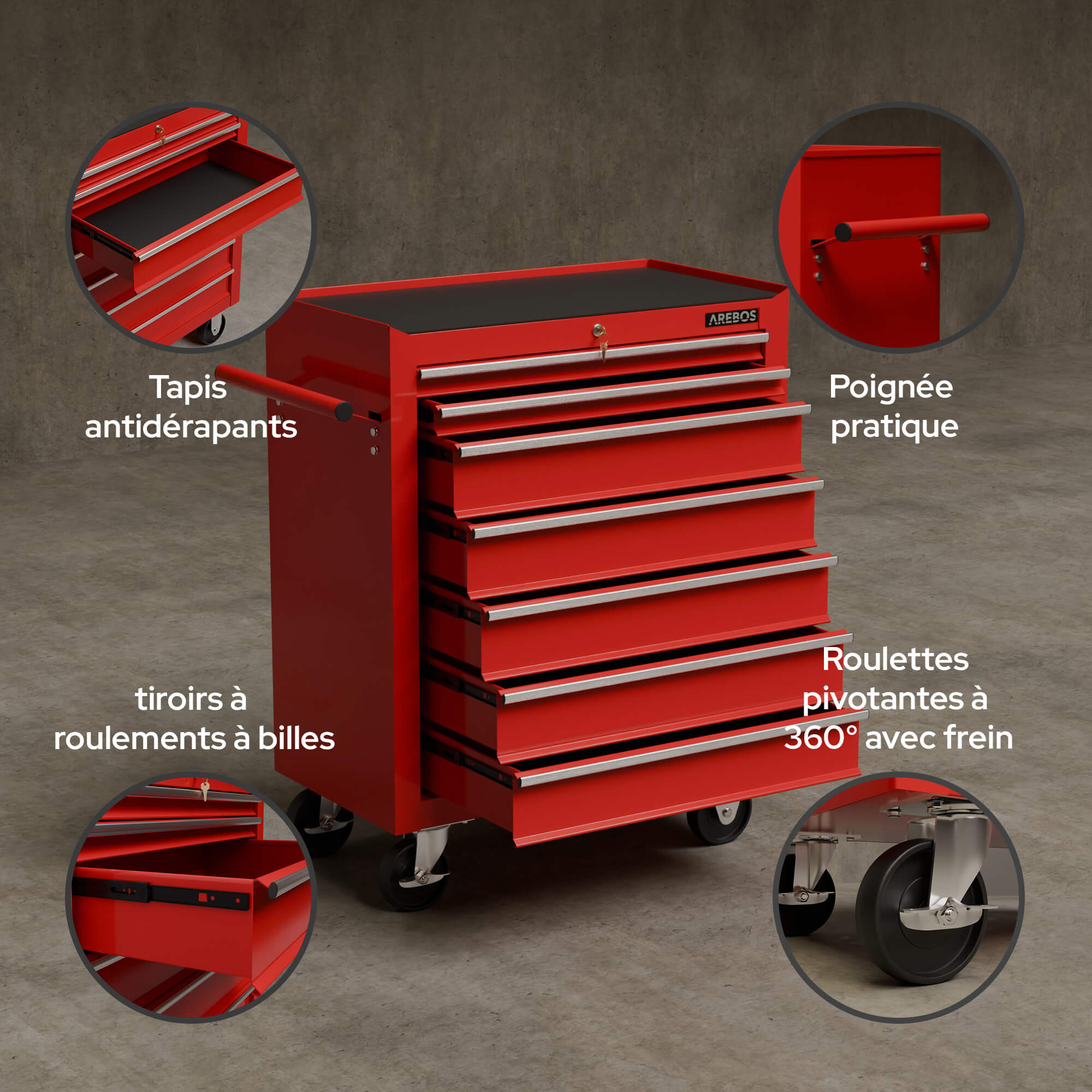 AREBOS Servantes d'atelier 7 Compartiments Fermeture centralisée Tapis antidérapants Inclus tiroirs sur roulements à Billes Roues avec Frein Rouge - 6