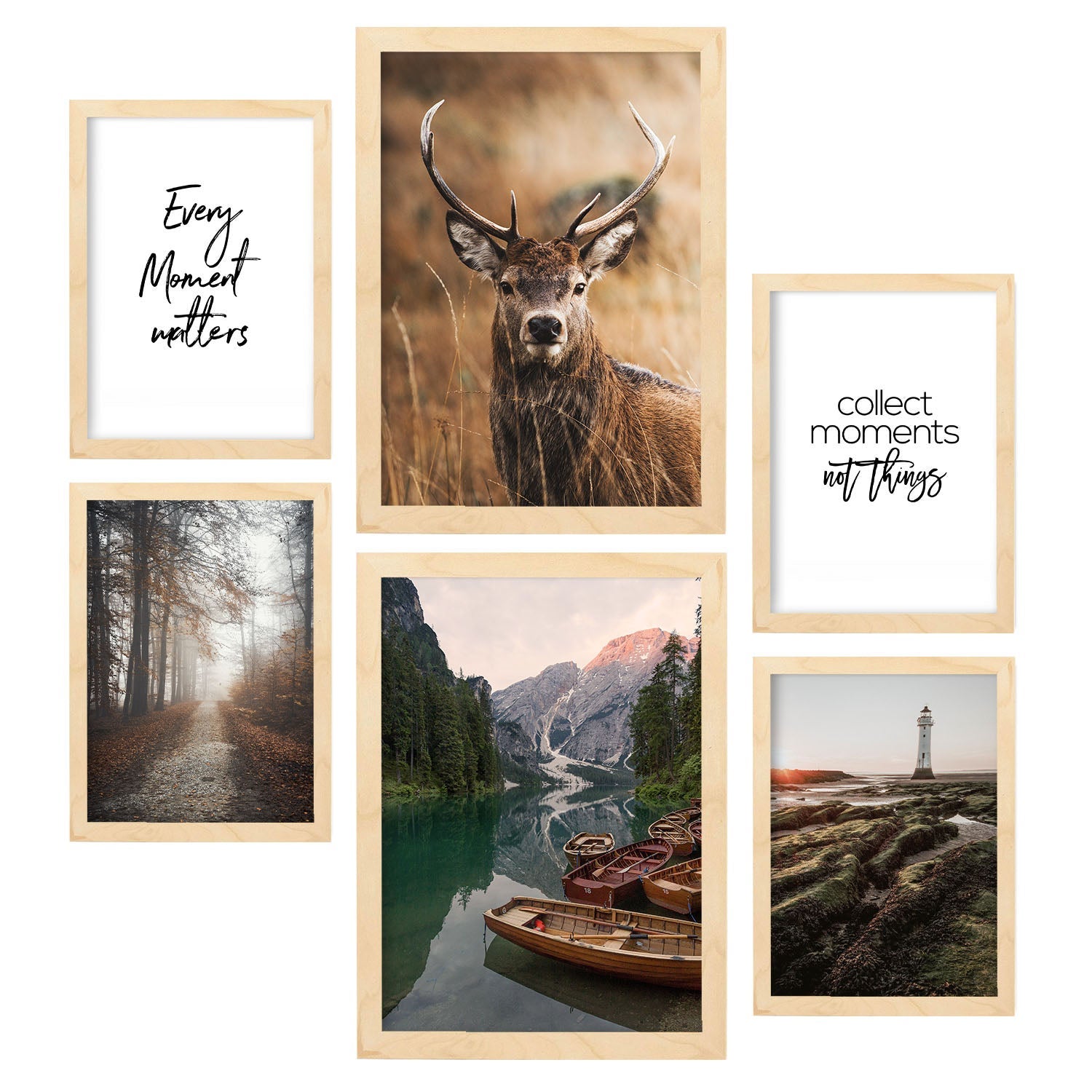 Pack 6 láminas fotografia decorativa cuadros para pared con bosque, naturaleza y montana decoracion mural moderna a3 y a4. con marco madera clara