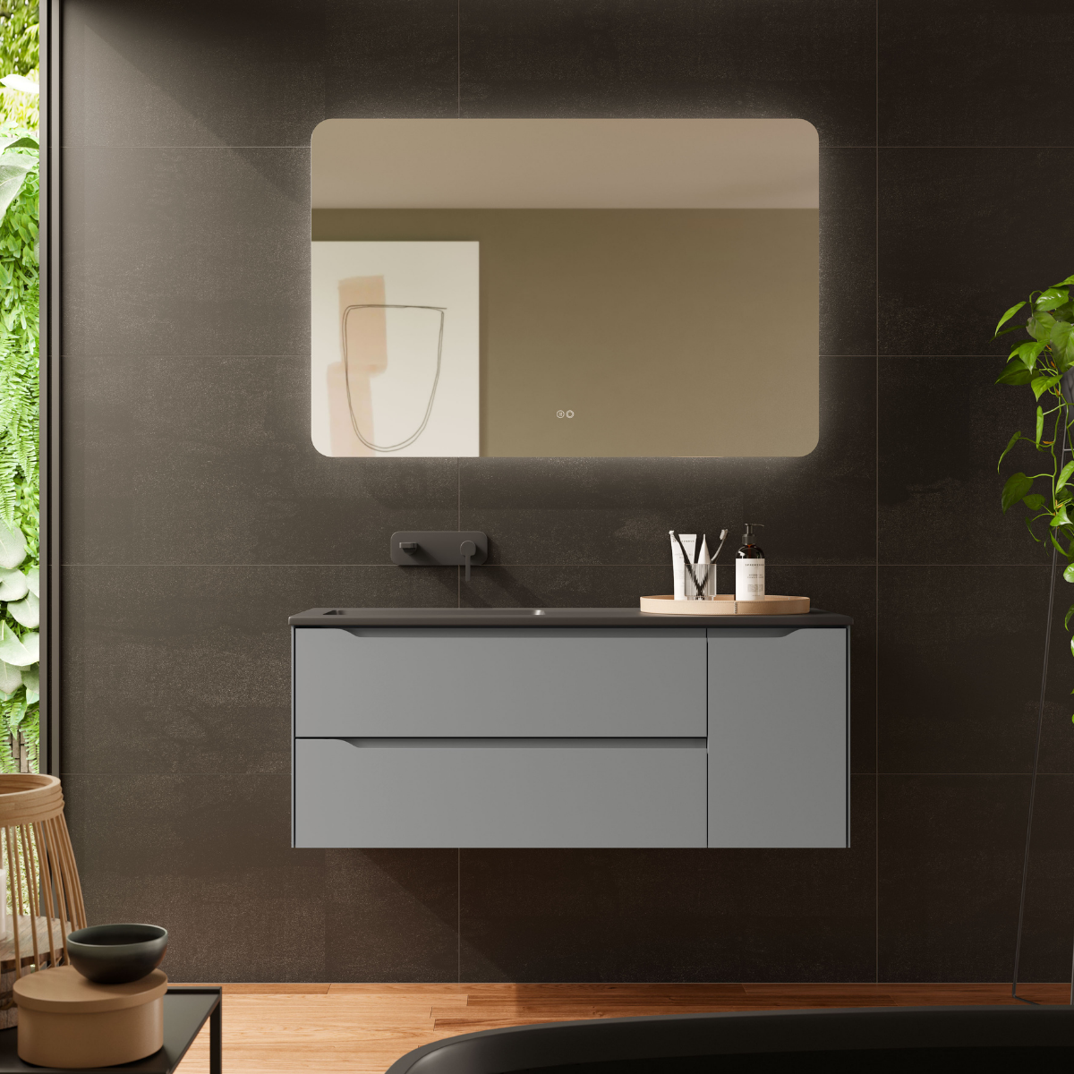 Mobili da bagno a muro con lavandino | 100 cm | 2 cassetti Porta laterale con chiusura imbottita e organizzatore | Mist Mate - 2