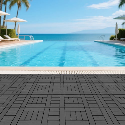 Piastrelle per Terrazzo ad Incastro Tipo H 30,5x30,5 cm 44 Pz - Grigio Scuro, Installazione Fai da Te per Esterno Piscina Balcone Giardino