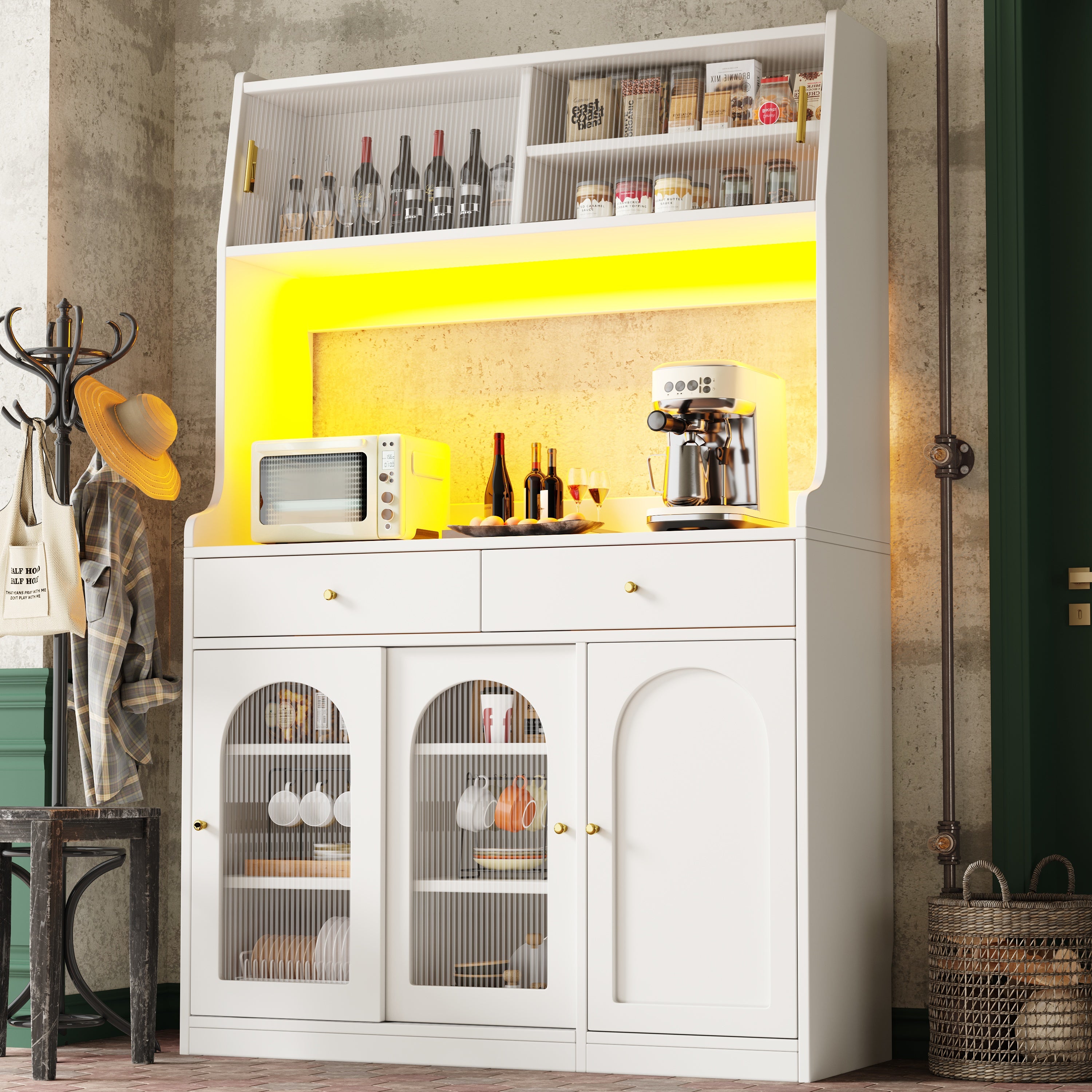 Moselota  Armario De Cocina Con Led, 2 Cajones, Estantes Ajustables, Vitrina Buffet Multifuncional Para Salón Y Comedor Blanco , Leroy Merlin
