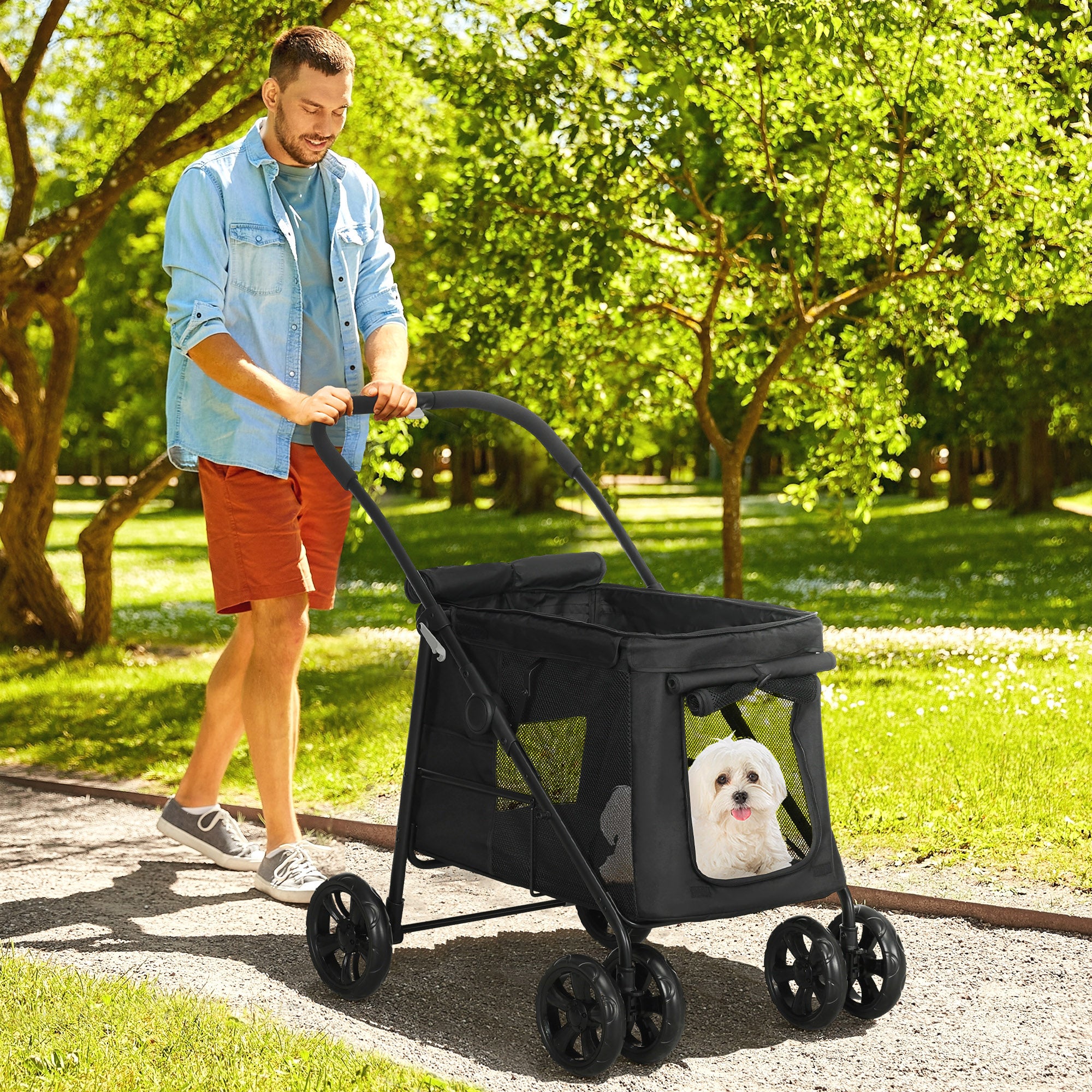 PawHut cochecito plegable para perros hasta 20 kg, tejido Oxford negro, con bolsillos laterales, ventanas de malla y frenos - 2