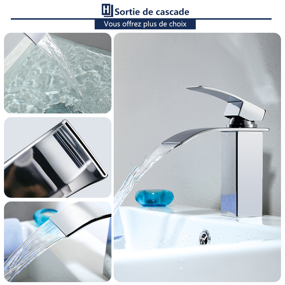 Mitigeur de Lavabo Chromé en Laiton avec Levier Unique, Robinet Salle de Bain Cascade Eau Chaude et Froide pour Lave-Mains - 3