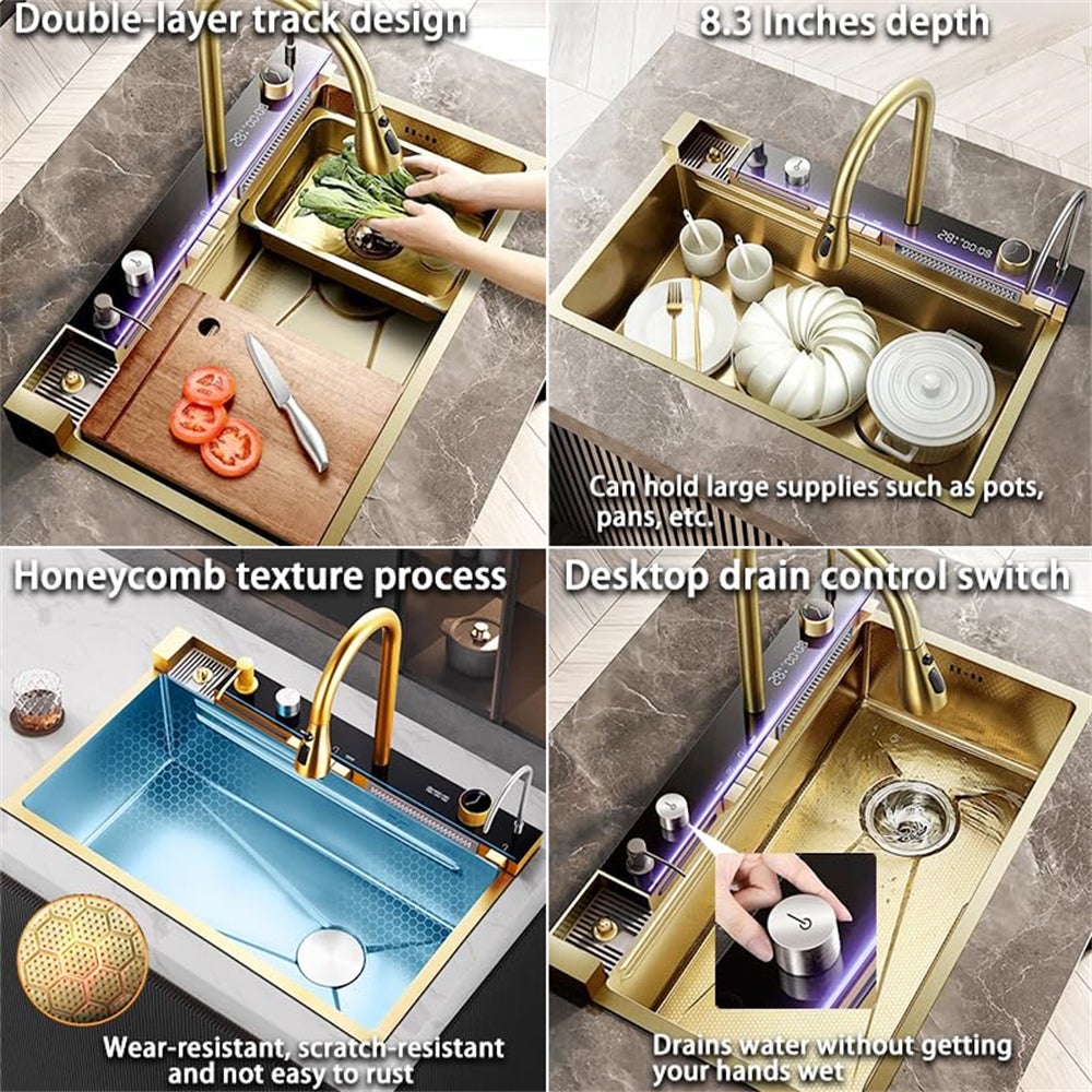 Évier de cuisine double cascade en acier inoxydable, grand évier de cuisine simple avec grand robinet et température réglable (doré) - 6