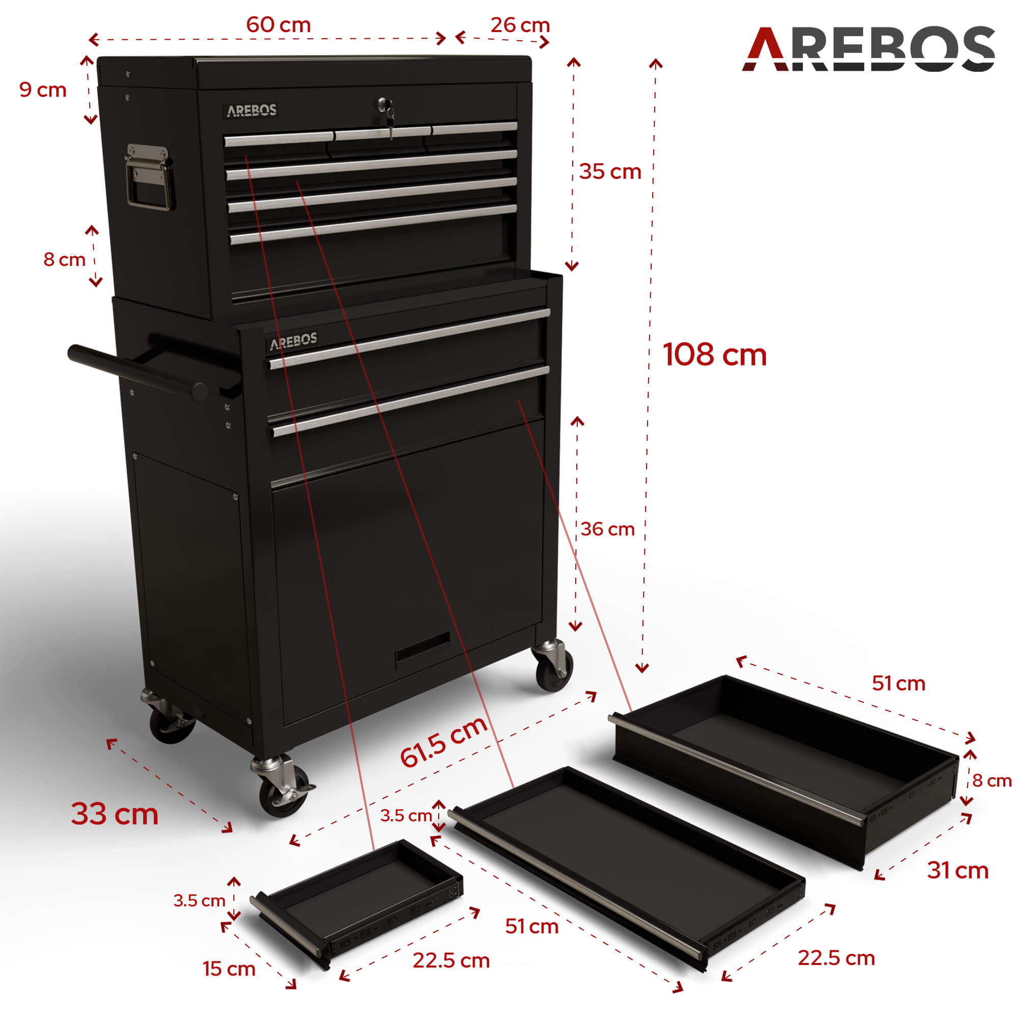 Servante d'atelier à 9 tiroirs Chariot Caisse à Outils Amovible Noir 71x 67 x 37 - 8