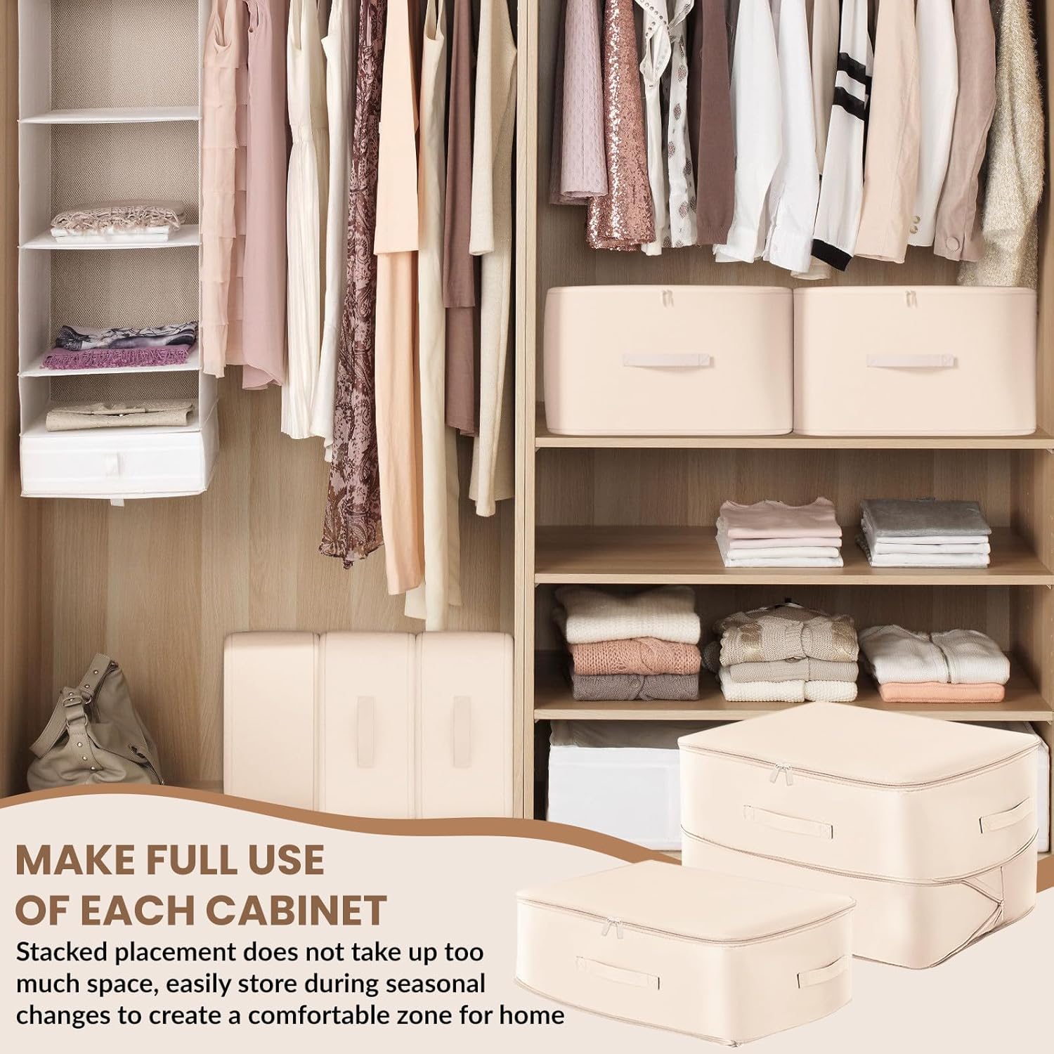 Lot de 2 Organisateur Auto-compression Ultra Peu Encombrants, Sacs de Rangement pour Couettes, Sac de Compression Voyage Empilable (Beige,52x42x30CM) - 6