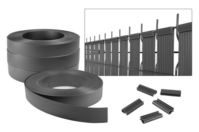 Lamelles occultantes BALDO 400mX46mm rouleau PVC Gris - Kit complet fixation avec clips et profil de finition