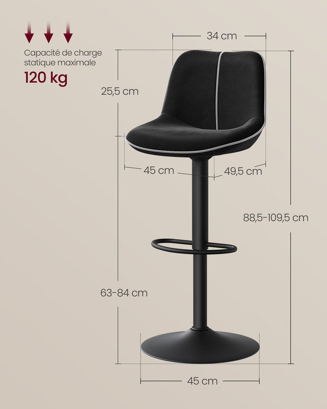 Lot de 2 Tabourets de Bar, Pivotants, Réglables en Hauteur, Dossier Ergonomique, Velours, Base Métallique, pour Îlot de Cuisine, Bar, Noir d'Encre - 5