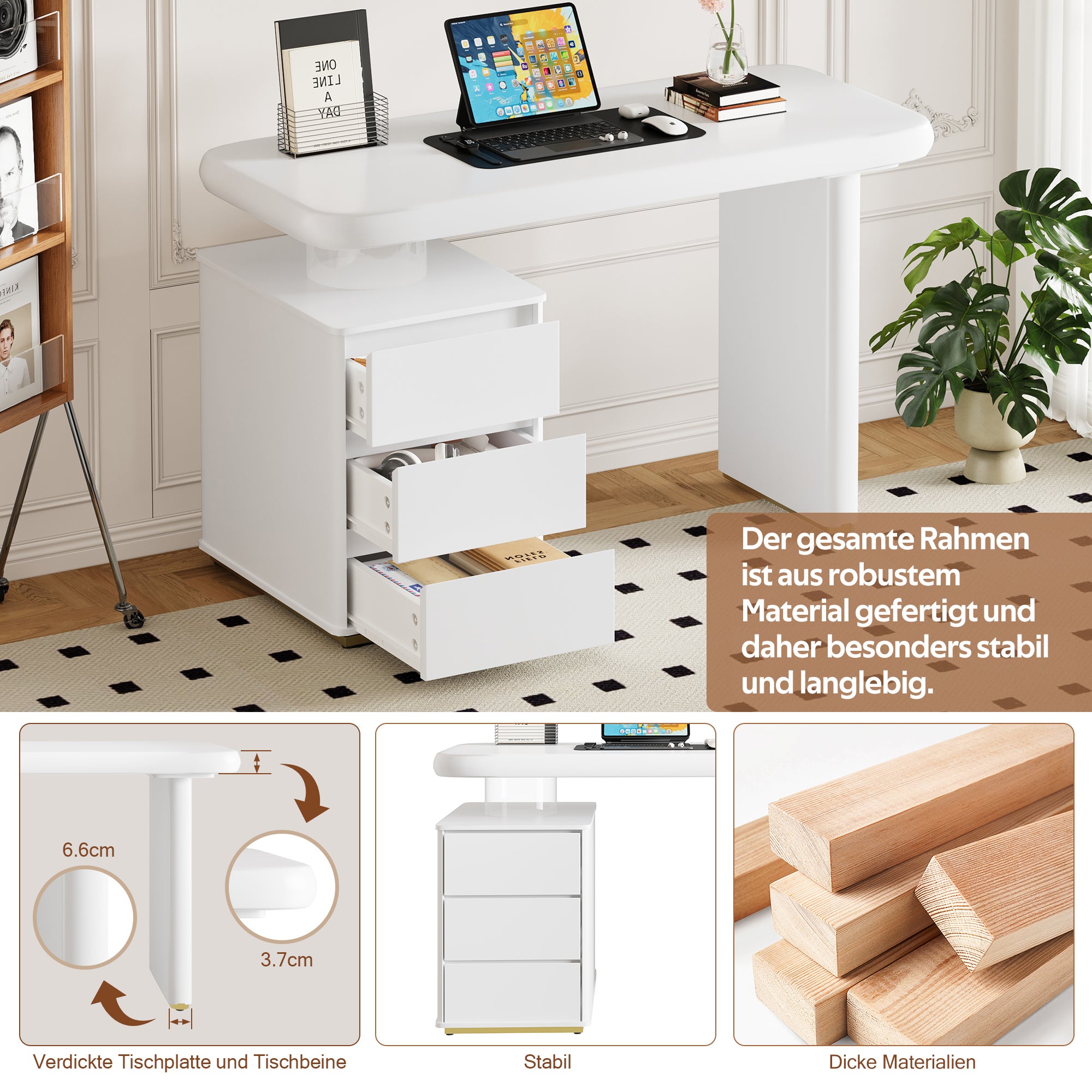 Bureau moderne avec 3 tiroirs - 117 x 50 x 74 cm - MDF - Courbes arrondies et pieds épaissis - Blanc - 4