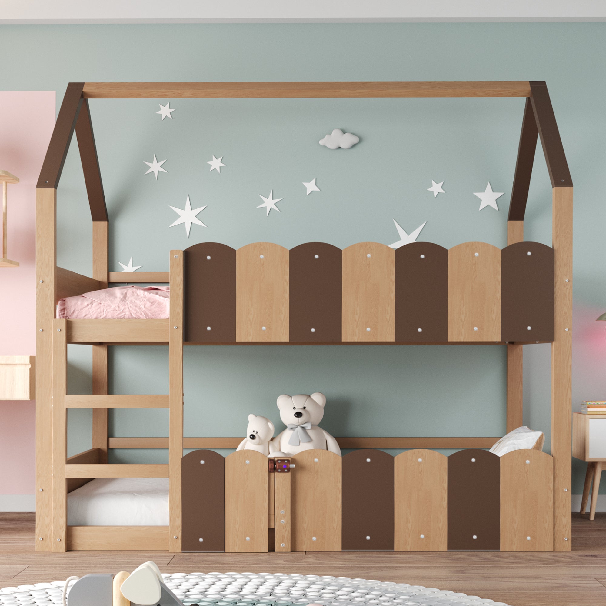 Łóżka piętrowe 2 x 90 x 200 cm z małymi drzwiczkami i barierkami zabezpieczającymi - Drewno + Sklejka + MDF - Kolor drewna (bez materaca)