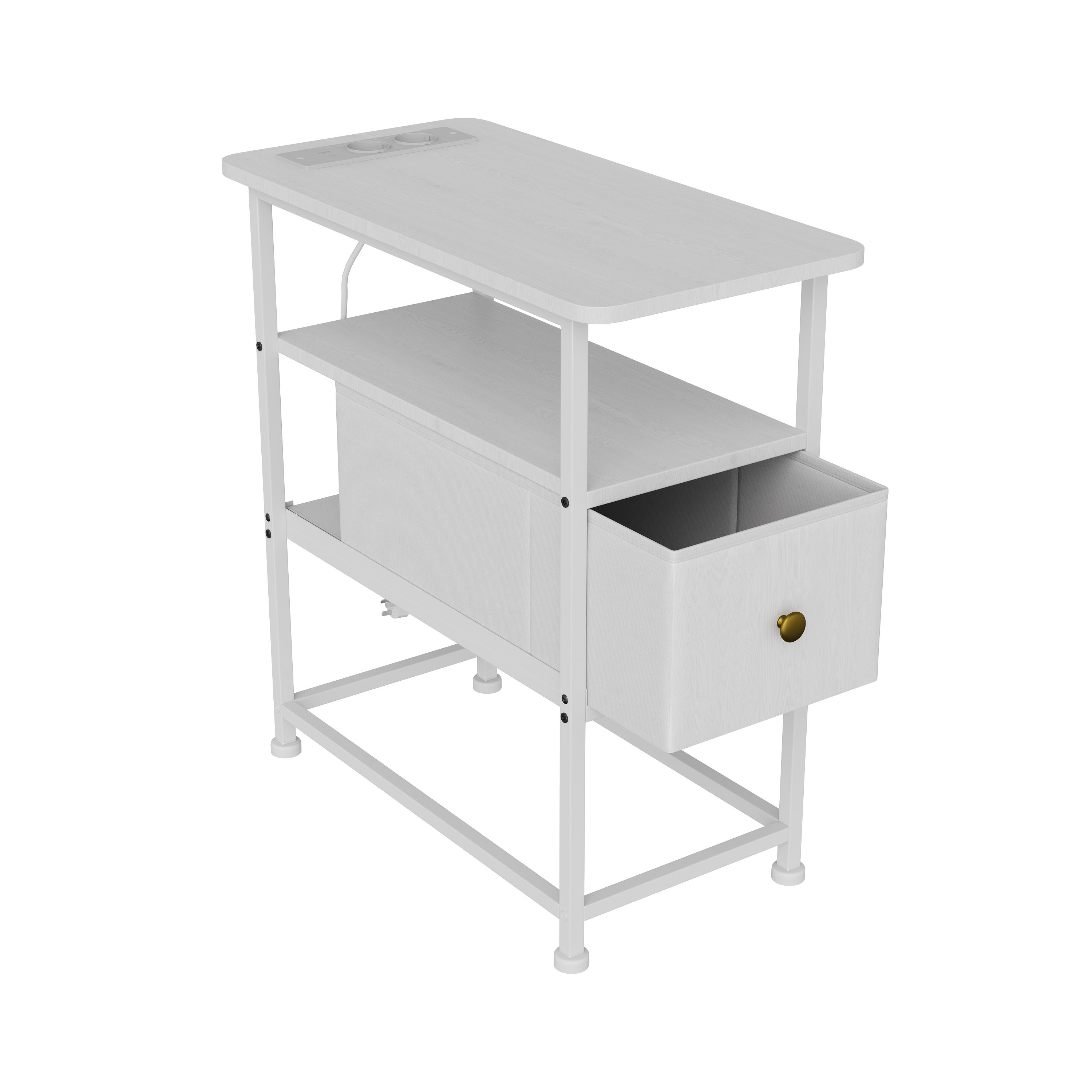 Table d'Appoint avec tiroirs - prise électrique incluse, structure en métal, pieds antidérapants, espace de rangement ouvert - 60x30x62 cm - blanche - 8
