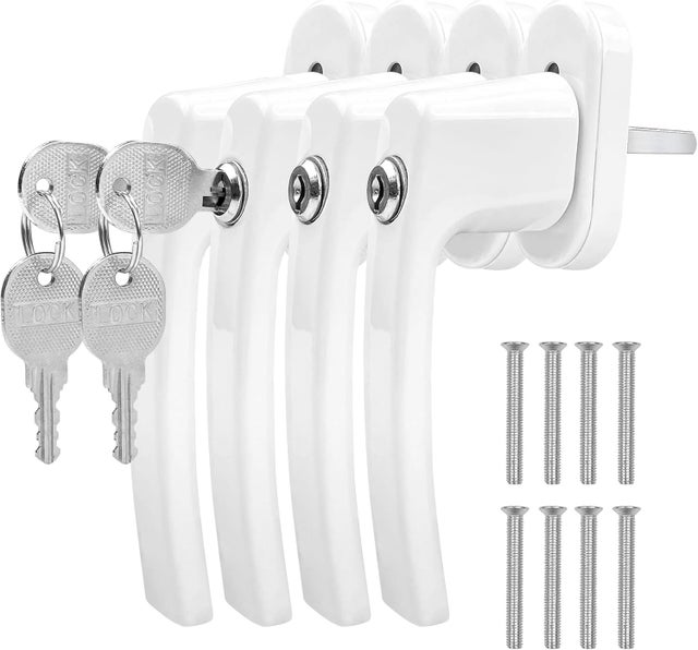 4 aluminiowe klamki do okna z kluczykiem, zamykane na klucz dla bezpieczeństwa dziecka, z 2 śrubami i 2 kluczami na klamkę (białe)