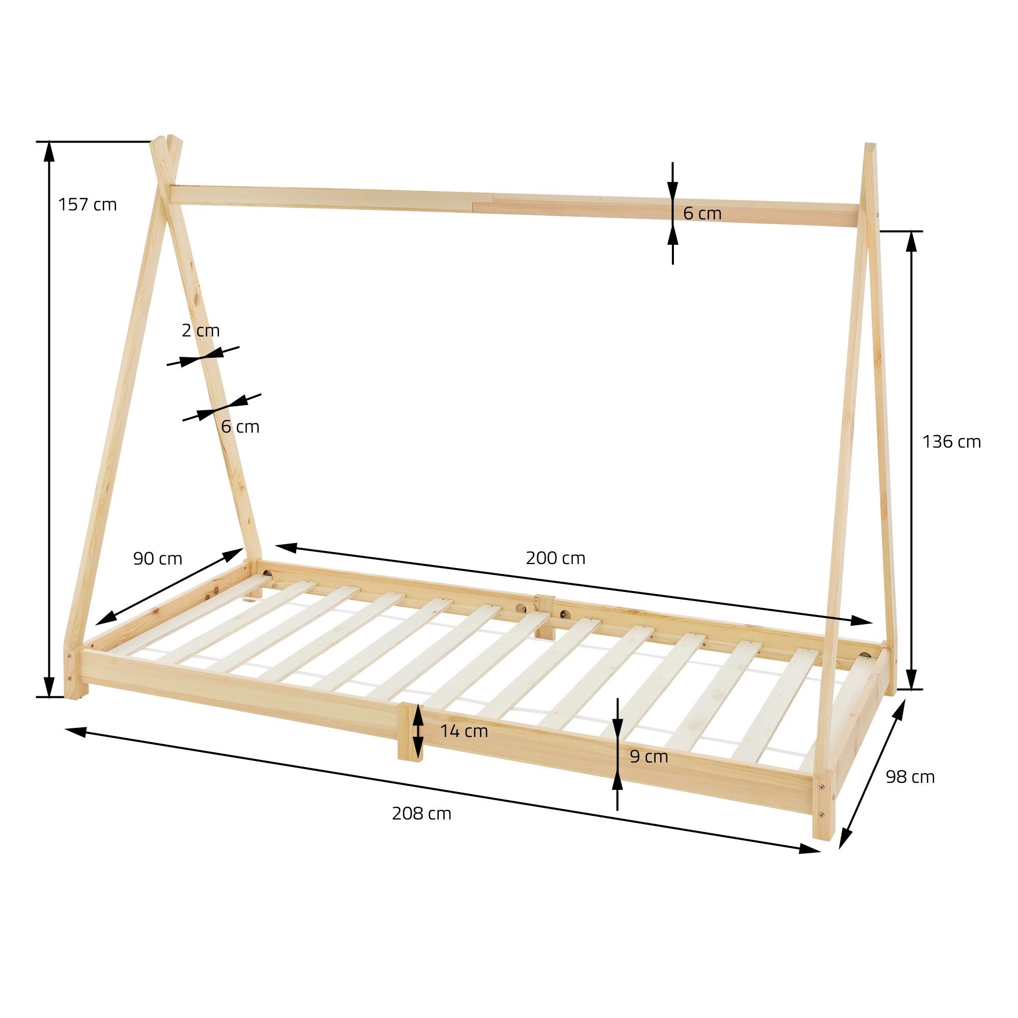 Lit d'enfants Tipi 90x200 cm naturel cadre style indien en bois de pin massif matelas H:10 cm hypoallergénique housse amovible et sommier à lattes - 9