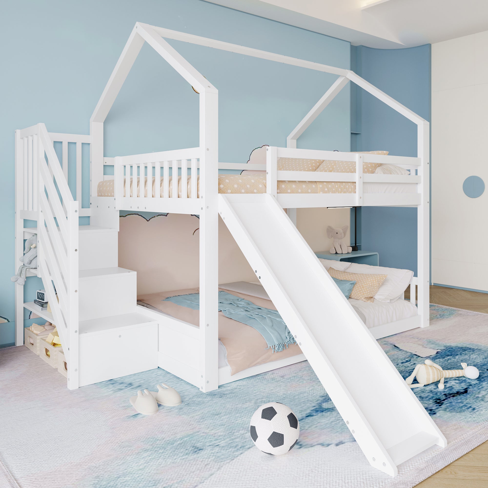 Lit superposé 140x200cm avec escalier de rangement et toboggan, lit d'enfant avec barrières, blanc - 5