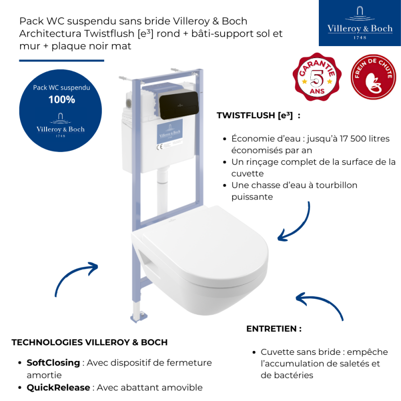 Pack WC suspendu sans bride Villeroy & Boch Architectura Twistflush [e³] rond + bâti-support sol et mur + plaque noir - 3