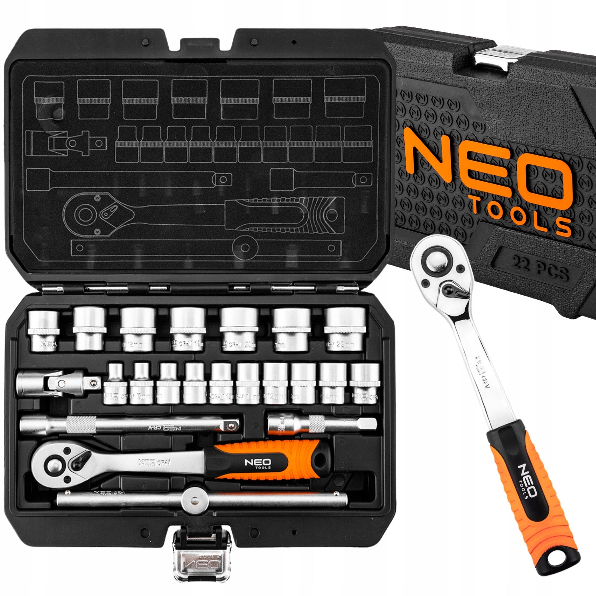 Zestaw Kluczy Nasadowych 3/8" 22 el. Grzechotka Nasadki Przedłużki, CrV NEO TOOLS