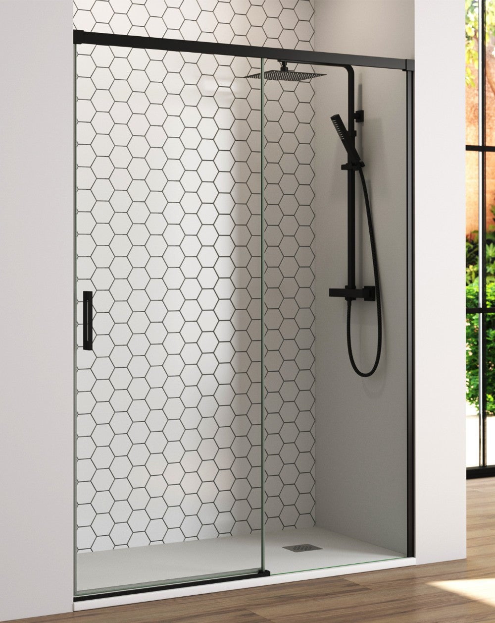 Parete doccia scorrevole 1 porta 1 fissa | 115 cm (Adattabile 109-114cm) | Vetro Anticalcare Trasparente 6 mm | Profilo nero - 2