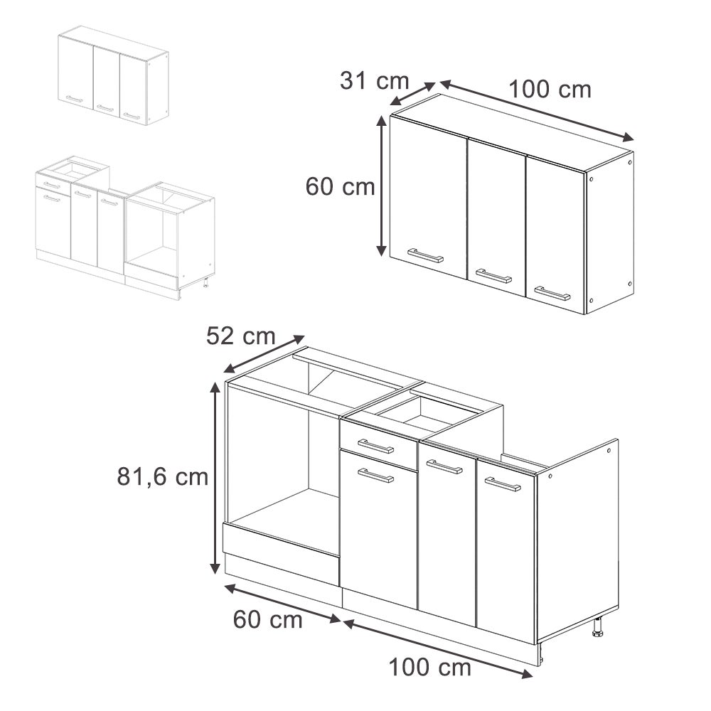 Vicco Cucina monoblocco R-Line, Nero lucido/bianco, 160 cm con colonna forno senza piano di lavoro - 2
