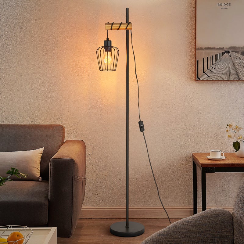 NETTLIFE Drewniana lampa podłogowa Lampa podłogowa w stylu vintage: Czarna lampa do salonu Lampa podłogowa z gniazdem E27 146 cm (bez żarówki)