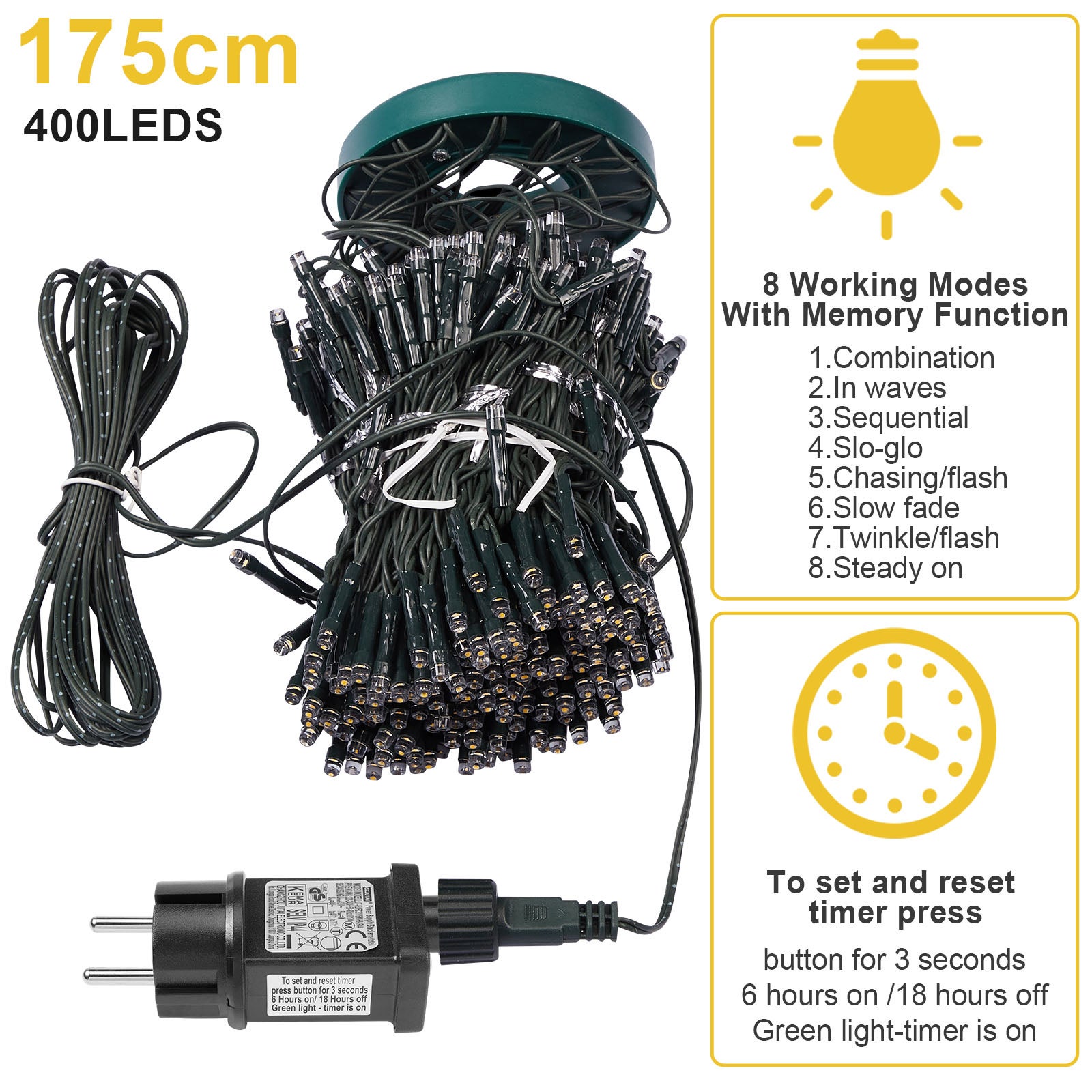 Guirlande lumineuse pour sapin de Noël 2 m 400 LED 8 modes Guirlande lumineuse pour intérieur Lumières de Noël pour décorer le sapin de Noël - 8