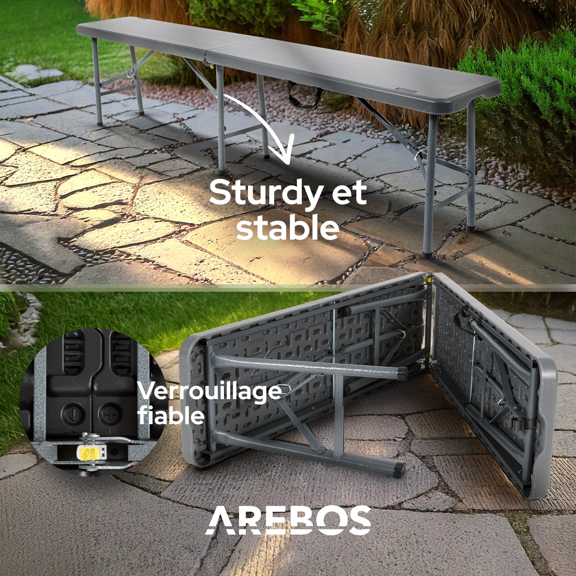 AREBOS 2 x banc à bière pliant, pliable, avec poignée de transport, 183 x 28 x 43 cm, banc pliant, camping, jardin, banc de fête anthracite - 4