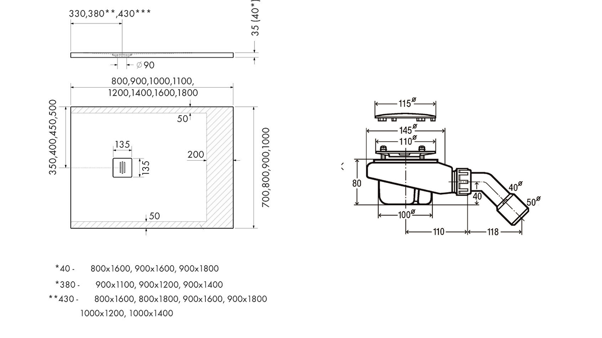 Receveur de douche extra plat TYTANIT couleur : pierre noir surface antiderapant découpable 90 cm x 140 cm + siphon extraplat viega - 5