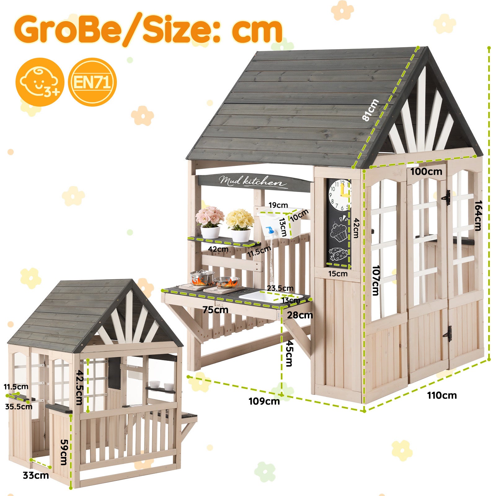Cabane enfant extérieur en bois, maison enfant extérieur avec robinet fonctionnel, toit anti-pluie et accessoires complets pour 3 ans - beige - 5