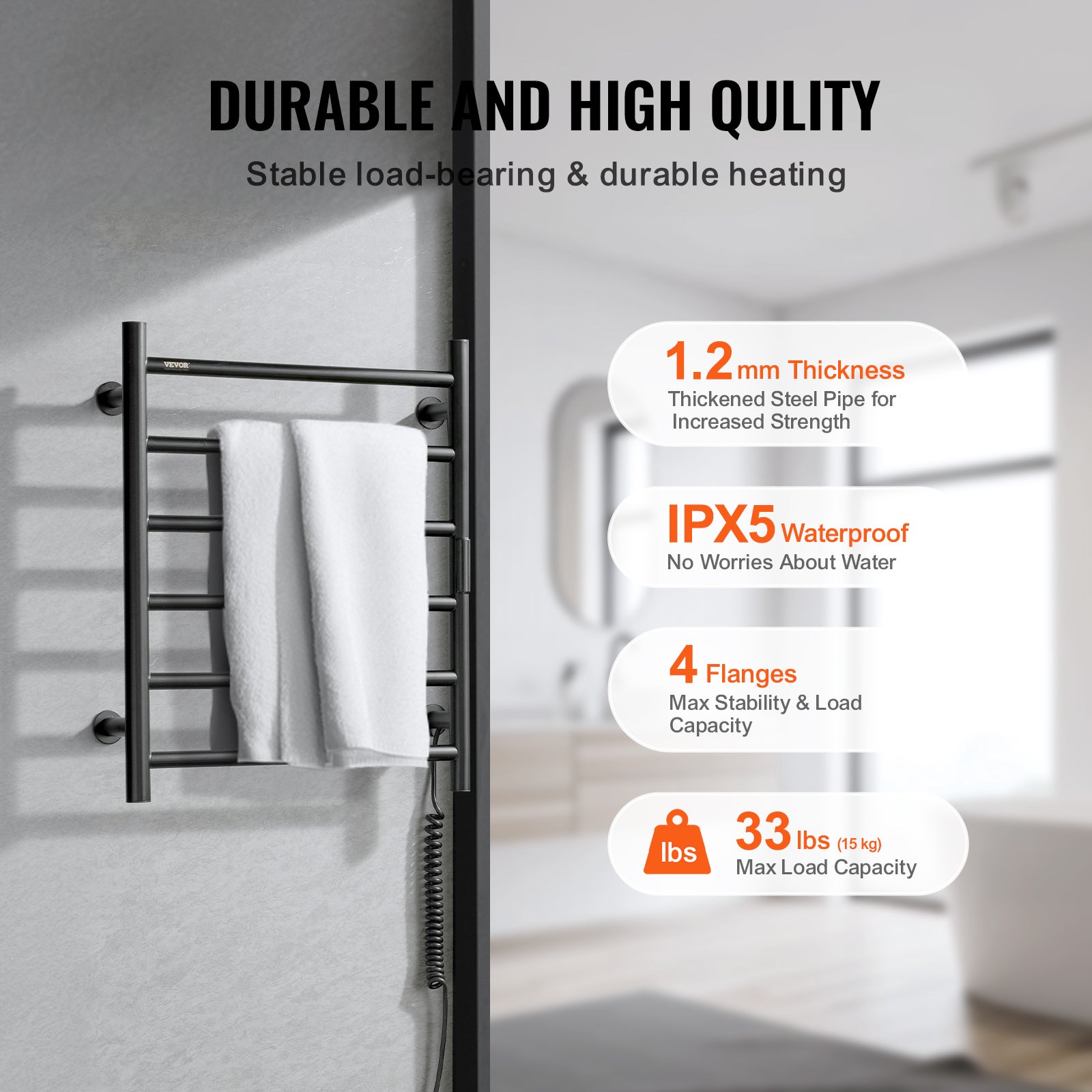 Radiador Toalheiro Elétrico 6 Barras 145W - Toalheiro Aquecido de Parede com Temperatura Ajustável, Temporizador, Tela LED, Impermeável IPX5 VEVOR - 4