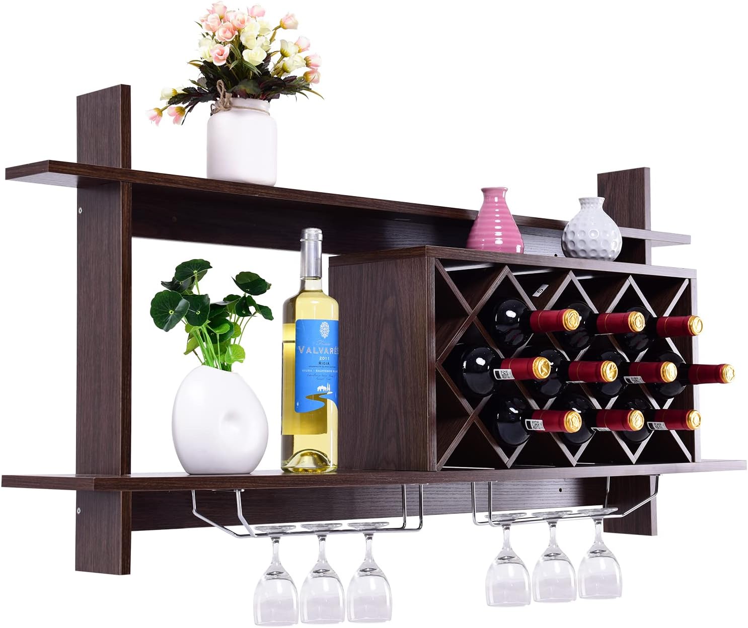 Regał na Wino z Uchwytem na Kieliszki do Wina, Regał Ścienny, Uchwyt na Butelki Wina, Uchwyt na Butelki Wina, Regał na Kieliszki, 120 × 20 × 59 cm