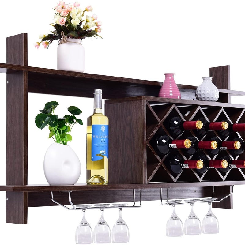 Regał na Wino z Uchwytem na Kieliszki do Wina, Regał Ścienny, Uchwyt na Butelki Wina, Uchwyt na Butelki Wina, Regał na Kieliszki, 120 × 20 × 59 cm