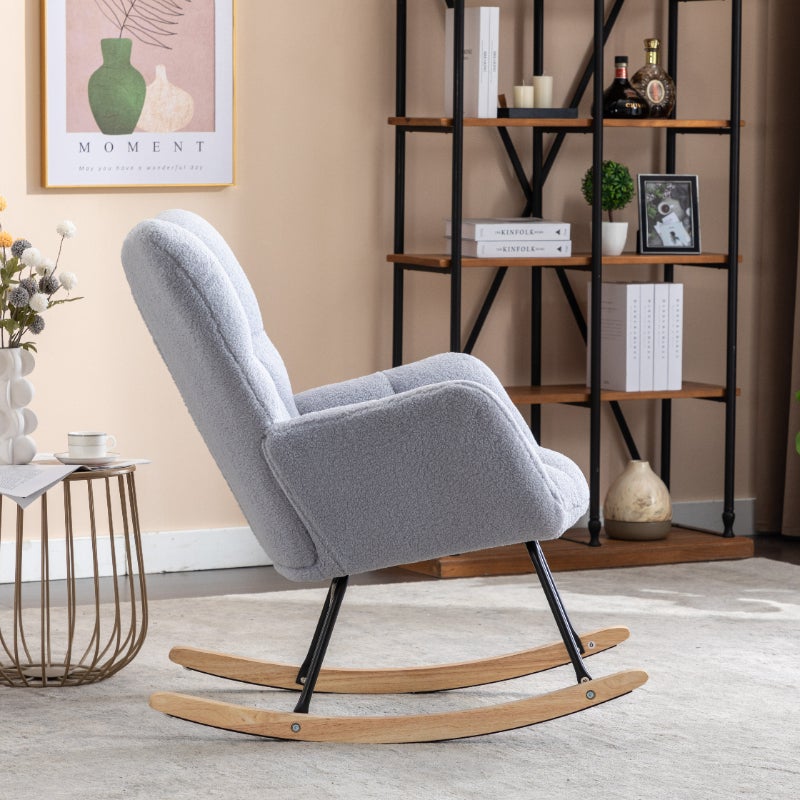 Nowoczesny fotel bujany w tkaninie Teddy z wyściełanymi podłokietnikami i pikowanym wzorem – idealny do salonu i sypialni - 6