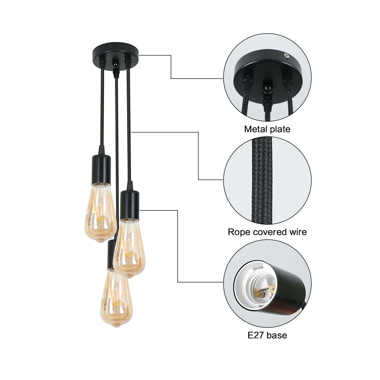GOECO Lustre Industriel et Vintage 3 douilles Suspension Pour salon chambre à coucher salle à manger bureau Bar Café Noir E27 Base - 4